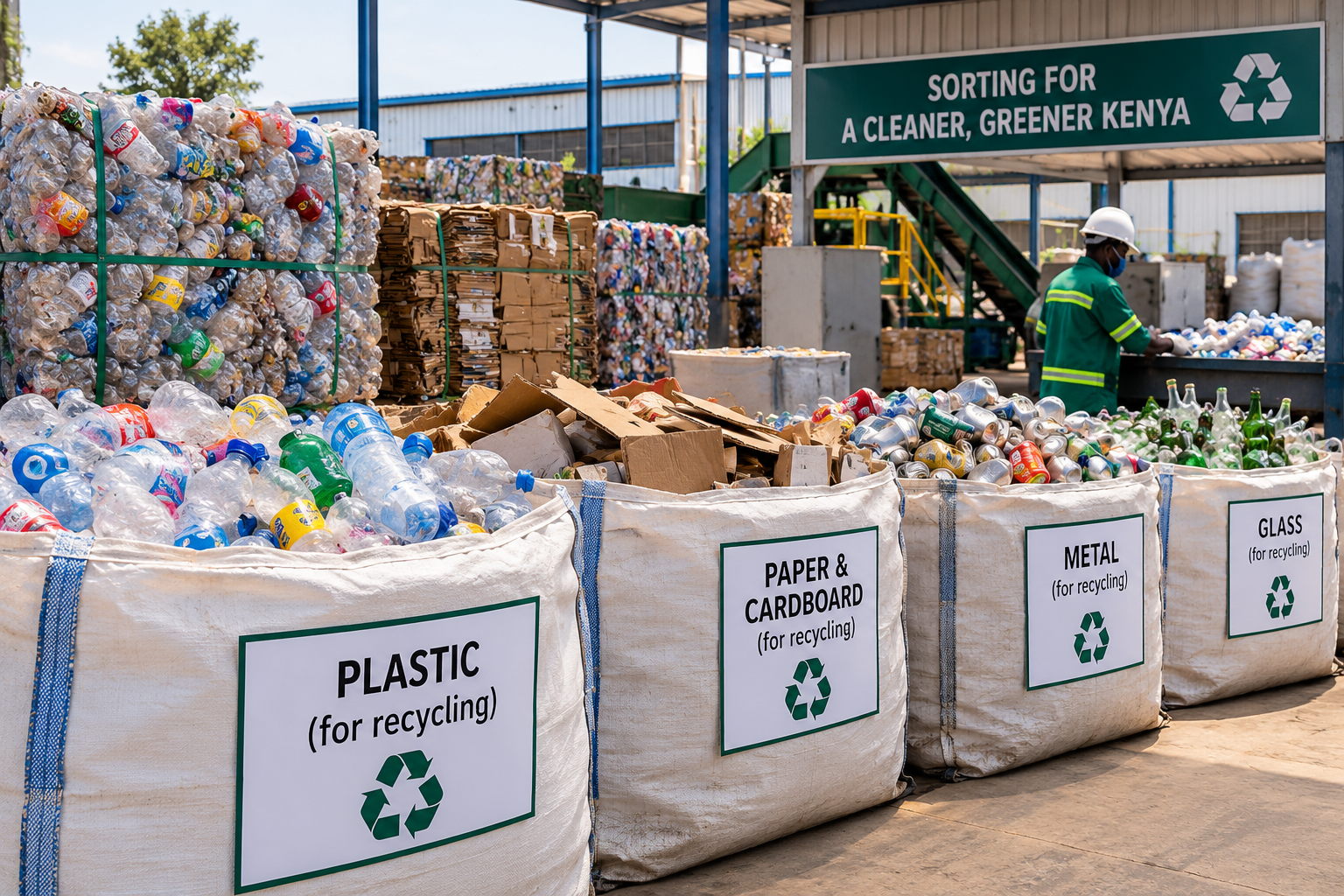 Packaging and product waste sorted for recycling at a Kenyan facility